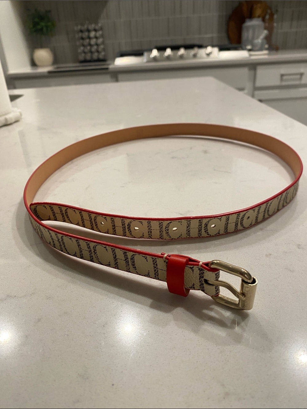 Carolina Herrera CH Brown, Red, Beige and Gold Logo-Print Skinny Belt